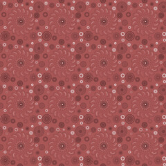 Seamless geometric pattern of mandalas, circles. Beautiful ornament on a  red background, hand-drawn. Retro style. Design of the background, interior, wallpaper, textiles, fabric, packaging.