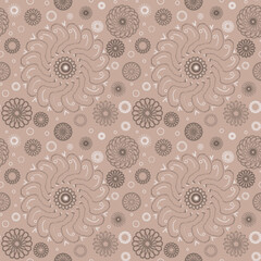 Seamless geometric pattern of mandalas, circles. Beautiful ornament on a  beige background, hand-drawn. Retro style. Design of the background, interior, wallpaper, textiles, fabric, packaging.