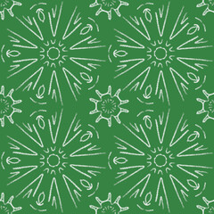 Seamless geometric pattern of mandalas, circles. A light ornament on a green background, hand-drawn. Retro style. Design of the background, interior, wallpaper, textiles, fabric, packaging.