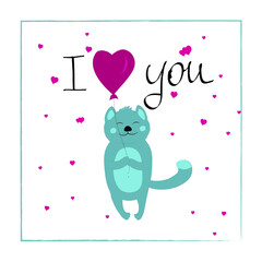 Greeting card of cute cat with heart shaped balloon.Lettering I love you