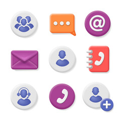 Communication icons 3d set. Mobile phone contact icon, mailbox new email, technical support, message bubble, address book