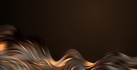 Abstract Waves. Shiny gold moving lines design element on dark background for greeting card and disqount voucher.
