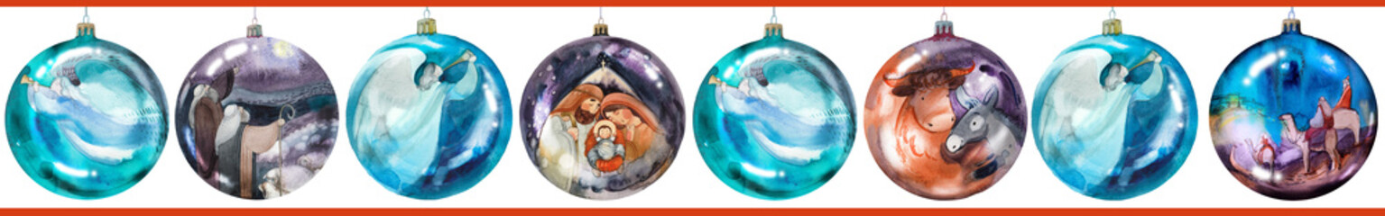 Watercolor border:Christmas balls with a nativity scene, a donkey and a bull, three wise men on camels, shepherds with sheeps, singing angels. Seamless pattern. Christian christmas background, banner