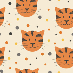 Tiger childish seamless pattern vector illustration in hand drawn flat style. Design for kids fabric, wrapping, textile, wallpaper, background.