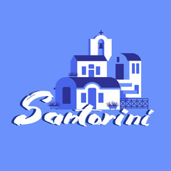 Santorini city name and city sights in blue-white color. Hand drawn lettering and vector illustration in flat style for touristic industry