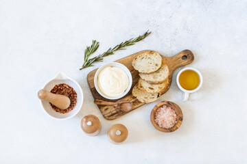 Fried toast made of fresh bread with sauce and olive oil. Alternative handmade food cooking concept. Top view, copy space