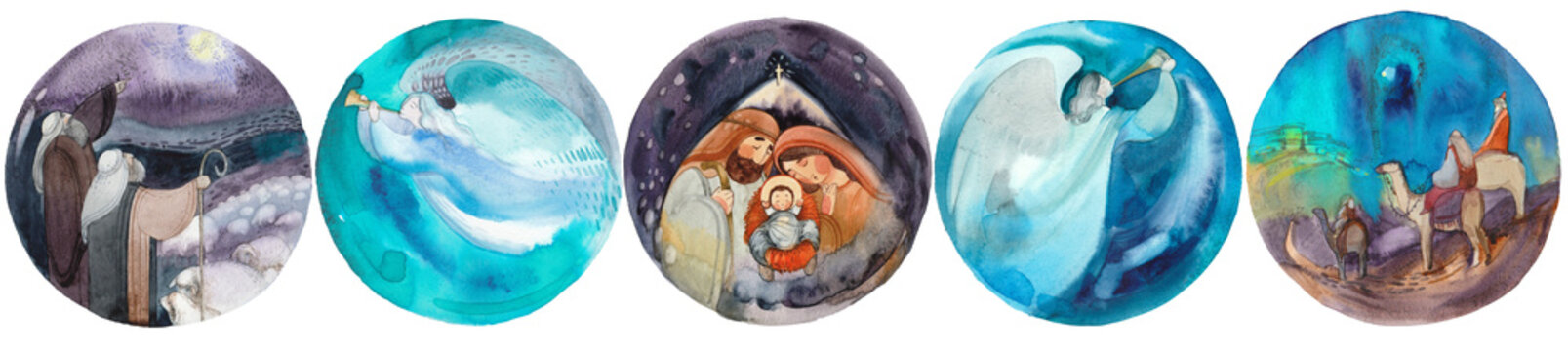 Watercolor illustrations with the nativity scene of St. Mary, Joseph and Jesus in a manger, three wise men on camels, shepherds with sheeps, angels trumpeting in a circle. Christian christmas design