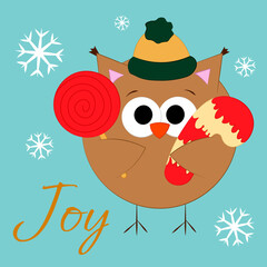 Christmas greeting postcard with character Owl and lollipop and candy