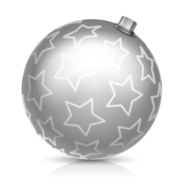 Silver christmas ball with stars on white background.