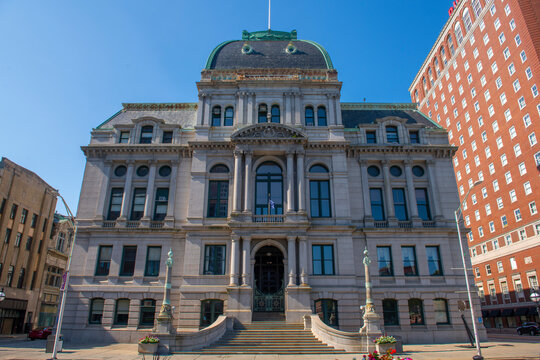 Providence City Hall was built in 1878 with Second Empire Baroque style at Kennedy Plaza at 25 Dorrance Street in downtown Providence, Rhode Island RI, USA.