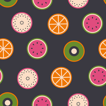 Vector colorful geometric fruits on a black background seamless pattern. Playful, bold and simple. Perfect for fabric, wallpaper, scrapbooking and stationery. Surface pattern design.