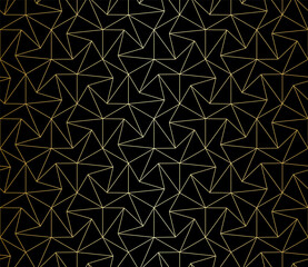 Pattern with crossing golden lines and polygons on black. Stylish abstract geometric diamond texture in light color. Seamless linear pattern for fabric, textile and wrapping.