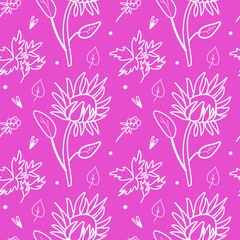 Fototapeta premium Vector seamless pattern with white flowers on Pacific Pink.Simple,floral,minimalist,festive print doodle style.Designs for prints,stickers,social media,printing,invitations,textiles,wrapping paper.