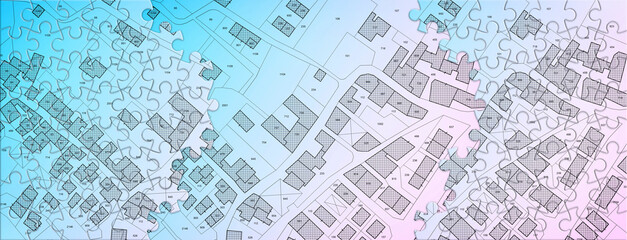 Imaginary cadastral map of territory with buildings, roads and land parcel - land registry concept in jigsaw puzzle shape - obrazy, fototapety, plakaty