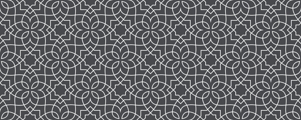 Seamless pattern with thin straight and curl lines and scrolls. Monochrome abstract floral background. Decorative lattice in Arabic style. Dark Design for textile, fabric and wrapping.