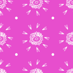 Vector seamless pattern with white flowers on Pacific Pink.Simple,floral,minimalist,festive print  doodle style.Designs for prints,stickers,social media,printing,invitations,textiles,wrapping paper.