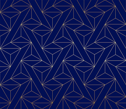 Pattern with golden lines and polygons on black background. Stylish abstract geometric diamond texture. Seamless linear pattern for fabric, textile and wrapping. Modern stylish cristal swatch.