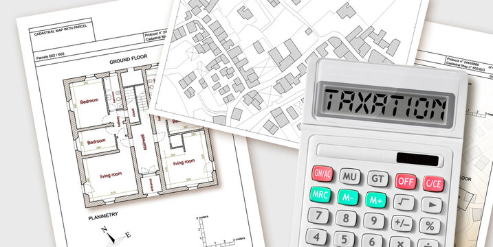 Property Tax on buildings concept image with an imaginary cadastral map and calculator with taxation text written on it