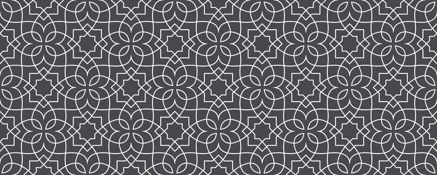 Seamless pattern with thin straight and curl lines and scrolls. Monochrome abstract floral background. Decorative lattice in Arabic style. Dark Design for textile, fabric and wrapping.