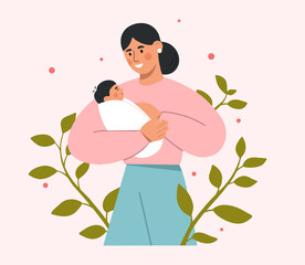 Mother and child concept. Beautiful woman holding her cute baby in arms. Happy Mother's Day. Flat vector illustration.