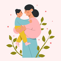 Mother and child concept. Beautiful woman holding her cute baby in her arms. Happy Mother's Day. Flat vector illustration.