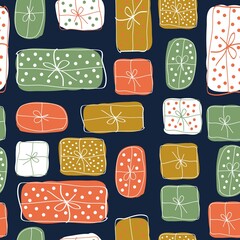 Seamless Christmas pattern. cute colored gifts on a dark blue background. vector texture. Fashionable retro print for textiles and wallpaper.