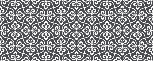 Pattern with white stylized floral branches, flovwers and leaves on grey background. Trendy seamless design for textile, fabric and wrapping in Arabic style. Monochrome vector Seamless ornament.