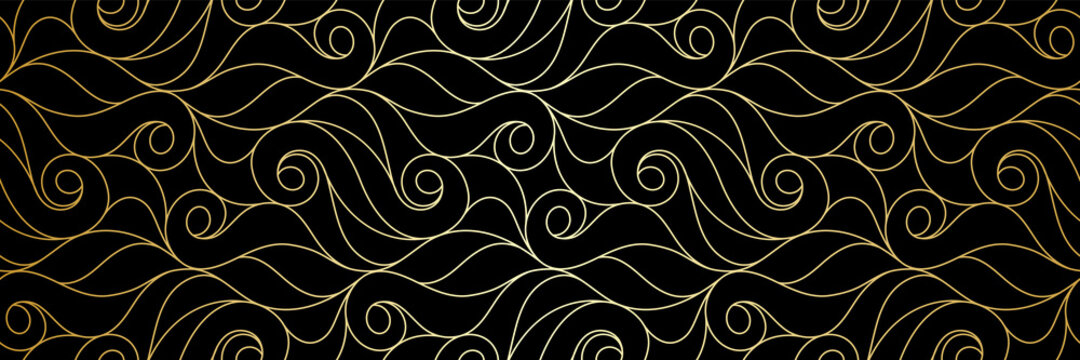Seamless pattern with golden thin curl lines and scrolls on black background. Monochrome abstract floral pattern. Decorative lattice in Art Deco style. Vector Texture for, fabric and wrapping.