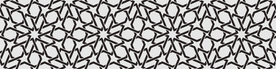 Pattern with intersecting stripes, poly lines, polygons and stars. Seamless Abstract ornament in Arabic style. Monochrome design for fabric, textile and wrapping. Geometric trendy decorative lattice.