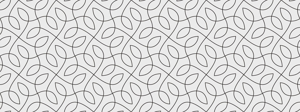 Pattern with thin elegant curved lines and petals forming floral ornamental wallpaper. Abstract vector monochrome texture with thin endless line. Geometric seamless background. Minimalistic design.