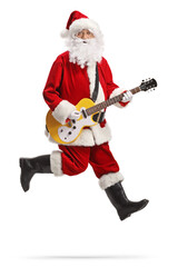 Full length portrait of santa claus playing an electirc guitar and jumping