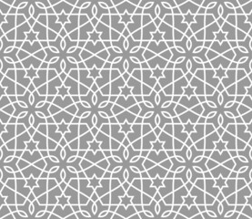 Pattern with intersecting white stripes, stars, stylized leaves on grey background. Abstract seamless vector design for textile, fabric and wallpaper. Stylish monochrome lattice design.