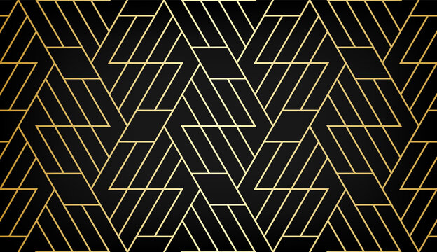 Abstract geometric pattern with crossing golden lines and polygons on black background. Seamless linear design in Art Deco style. Stylish vector texture for textile fabric and wrapping.