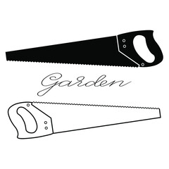 Gardening tools set of two prunning saws logo outline simple minimalistic flat design vector illustration isolated on white background