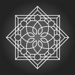 Circular pattern with intersecting lines, stars stylized leaves and flower. Round geometric vector ornament in Arabic style. Mandala.