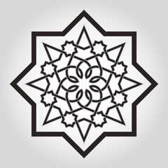 Circle pattern with interlaced stripes, stars and stylized floral elements on monochrome background. Geometric Mandala with stars and intersecting stripes. Vector design in Arabic style.