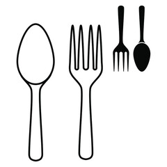 Kitchen tools cutlery set of spoons and forks, line and negative outline simple minimalistic flat design vector illustration isolated on white background