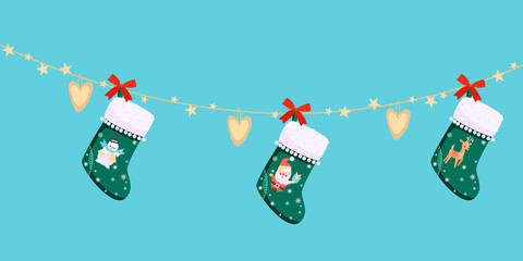 Blank Christmas stocking. Hanging on a garland with stars and hearts. Decorative green sock with Santa, snowman and deer. Vector illustration for Christmas, New Year, decorations, winter holiday, etc