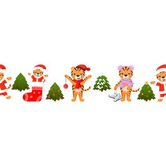 Christmas seamless border with little tiger and Christmas tree. Cute winter holidays background.