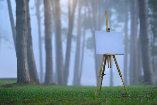 Wooden easel with blank canvas, pine forest in the mist on the background, horizontal image