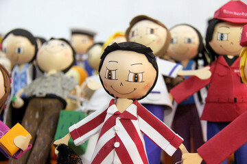 Selection of colorful handmade puppet  rag dolls. 