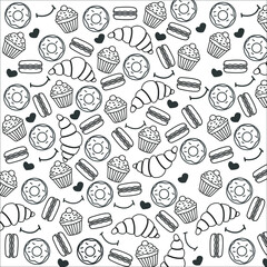 seamless doodle pattern, bakery product doodle, cake, donut doodle 