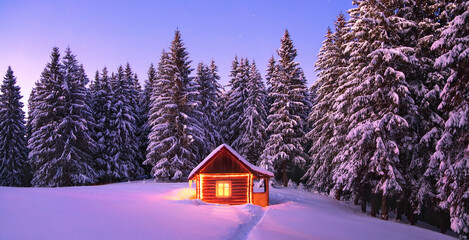 Panorama with wooden hut on the lawn covered with snow. Marry Christmas and New Year. The lamps...