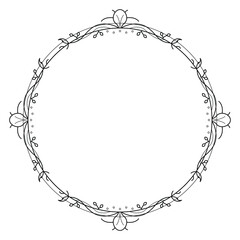 Abstract Black Simple Line Round Circle With Leaf Leaves Frame Flowers Doodle Outline Element Vector Design Style Sketch Isolated Illustration For Wedding And Banner
