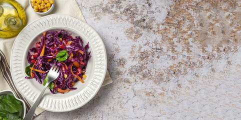 Homemade Purple Cabbage Salad with Corn, Carrots, Pomegranate and Spinach