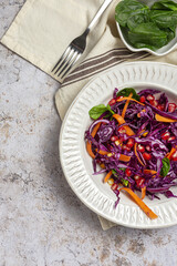 Homemade Purple Cabbage Salad with Corn, Carrots, Pomegranate and Spinach