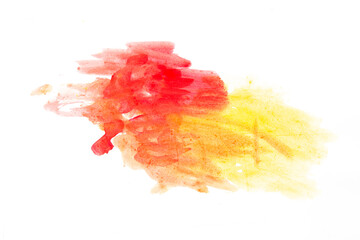 Abstract watercolor yellow and red draw using a brush on white paper, watercolor background.