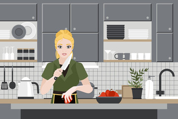 Young female character is cutting a red apple while standing at the table in the kitchen with a knife in hand. Vector scene in the kitchen.