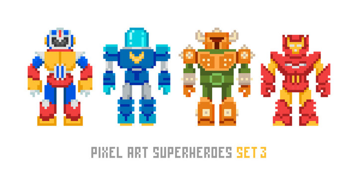 Pixel art robots icons and 8-bit superheroes isolated vector set 3. Retro video game style cartoon warriors monsters and mutants characters design. Pixelated colorful robot toy collection