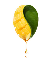 Drop of juice dripping from half of mango isolated on white background